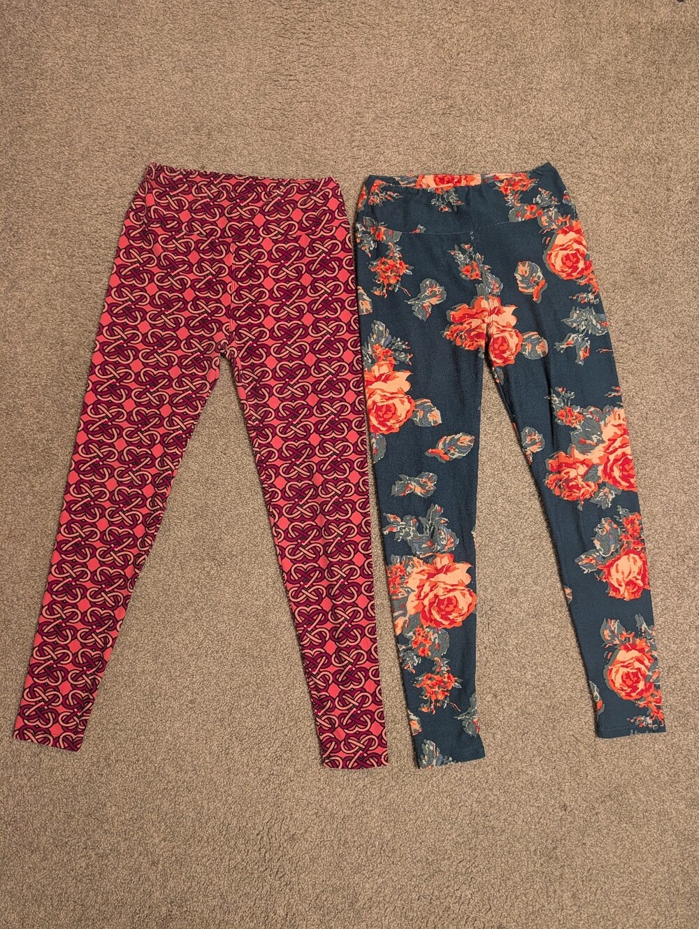 Lot of 2 Lularoe Women's Floral and Print Leggings - Blue Floral & Pink Heart
